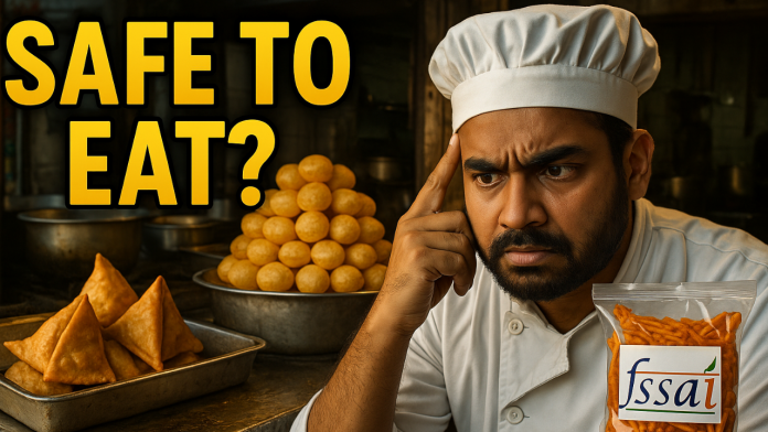 FSSAI: What You Need to Know About Food Safety in India Concerned Indian chef with FSSAI-labeled snack and street food, text reads 'Safe to Eat?